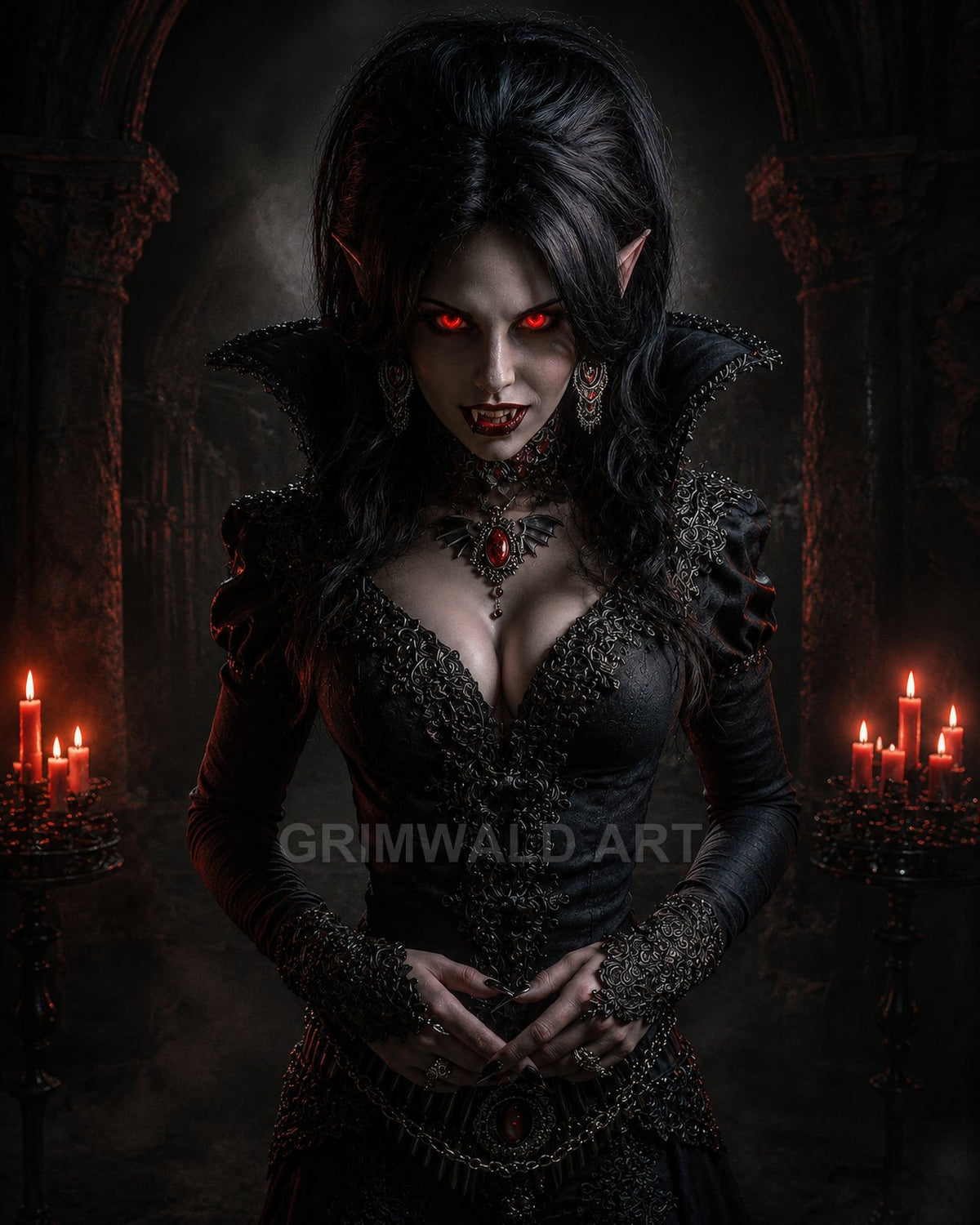 Gothic female vampire with glowing red eyes and fangs, in ornate black dress and crimson jewels, before candlelit stone arches and candelabras.