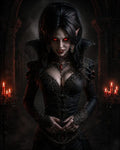 GRID THUMBNAIL — Gothic female vampire with glowing red eyes and fangs, in ornate black dress and crimson jewels, before candlelit stone arches and candelabras.