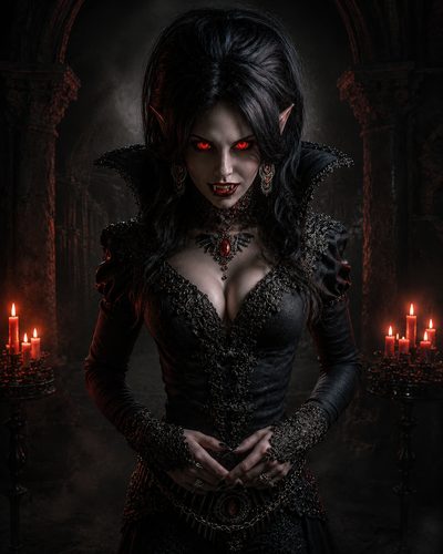 GRID THUMBNAIL — Gothic female vampire with glowing red eyes and fangs, in ornate black dress and crimson jewels, before candlelit stone arches and candelabras.