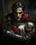GRID THUMBNAIL — Armoured vampire with glowing red eyes and a high crimson collar, crossing gauntleted arms as candlelight gleams on ornate gothic plate.
