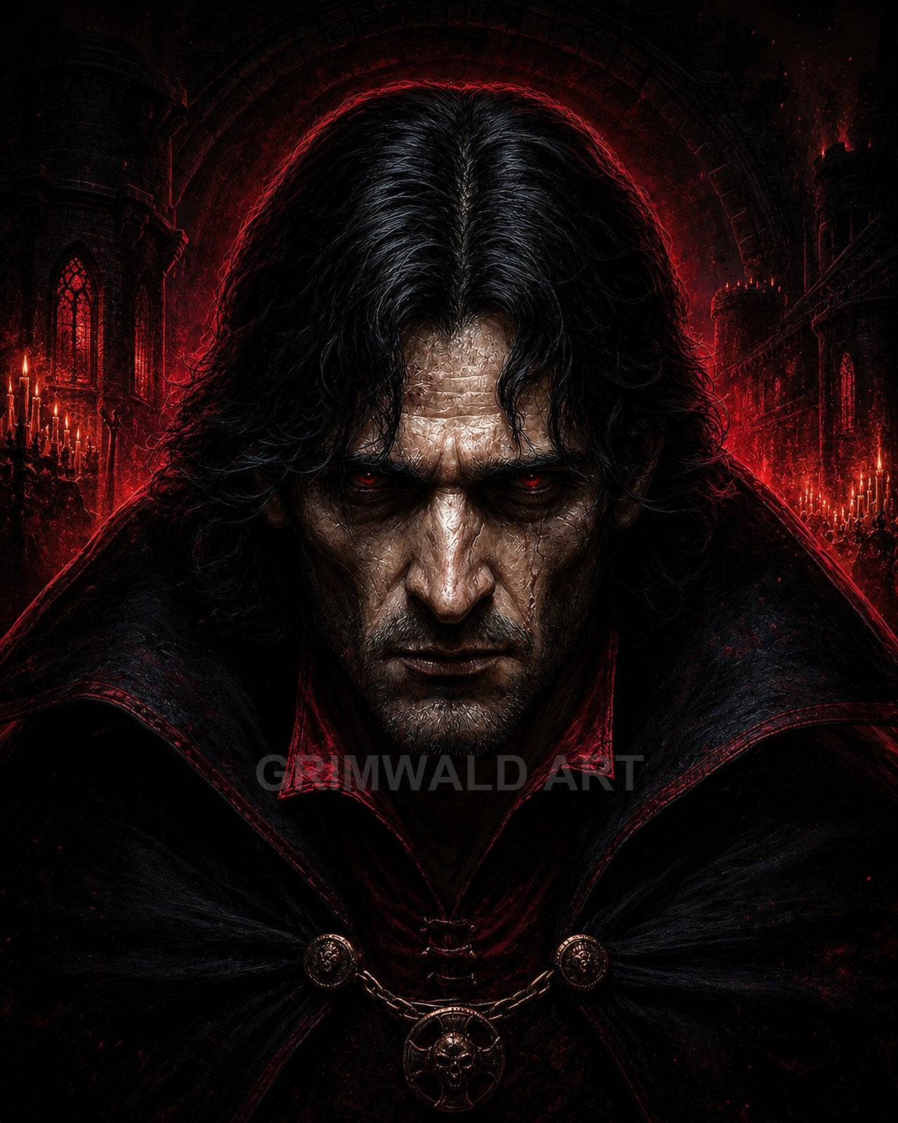 Brooding male vampire with glowing red eyes and black cloak, red collar and skull medallion, before a gothic cathedral interior lit by scarlet candles.
