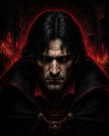 GRID THUMBNAIL — Brooding male vampire with glowing red eyes and black cloak, red collar and skull medallion, before a gothic cathedral interior lit by scarlet candles.