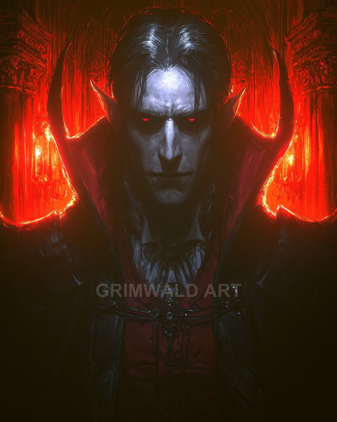 Pale male vampire with pointed ears and red eyes faces forward, high-collared cloak silhouetted against a fiery red gothic cathedral interior.