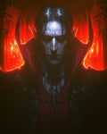 GRID THUMBNAIL — Pale male vampire with pointed ears and red eyes faces forward, high-collared cloak silhouetted against a fiery red gothic cathedral interior.