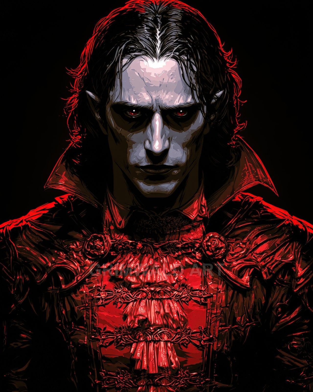 Portrait of a pale, red-eyed vampire in ornate red gothic attire, staring forward against a black background with dramatic shadow and highlights.