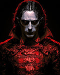 GRID THUMBNAIL — Portrait of a pale, red-eyed vampire in ornate red gothic attire, staring forward against a black background with dramatic shadow and highlights.