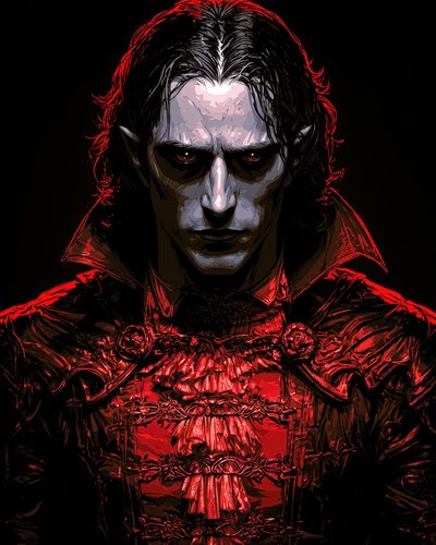 GRID THUMBNAIL — Portrait of a pale, red-eyed vampire in ornate red gothic attire, staring forward against a black background with dramatic shadow and highlights.