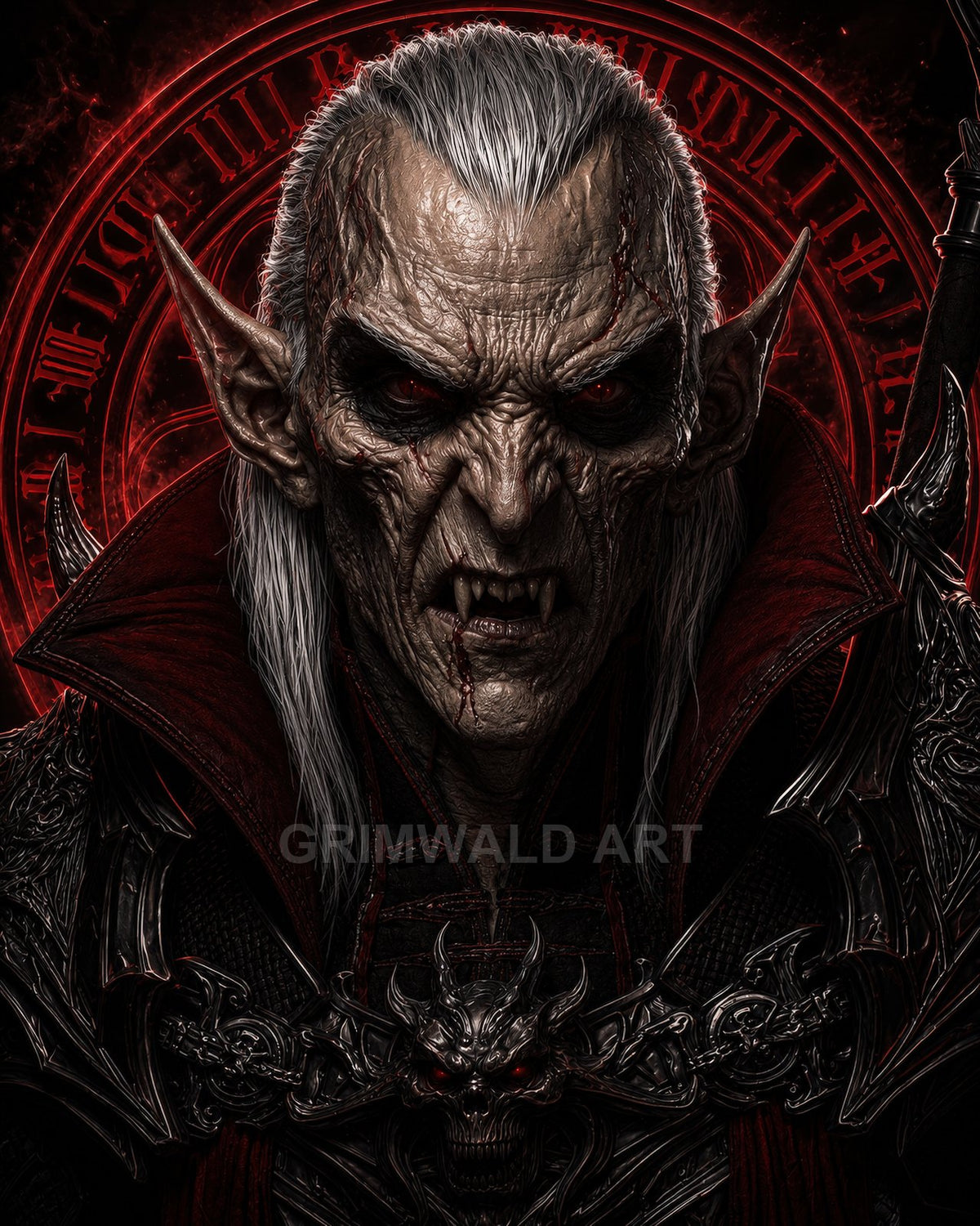 Armoured vampire with glowing red eyes and fangs snarls before a fiery occult sigil, pale skin, long white hair, baroque dark armour.