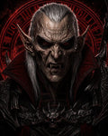 GRID THUMBNAIL — Armoured vampire with glowing red eyes and fangs snarls before a fiery occult sigil, pale skin, long white hair, baroque dark armour.