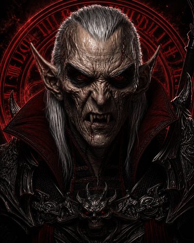GRID THUMBNAIL — Armoured vampire with glowing red eyes and fangs snarls before a fiery occult sigil, pale skin, long white hair, baroque dark armour.