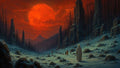 GRID THUMBNAIL — Snow-covered valley with scattered boulders and ruined stone pillars, leafless trees, robed figures, and an enormous red moon above a distant mountain peak.
