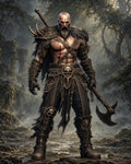 GRID THUMBNAIL — Armoured barbarian with blood-smeared chest roars in misty forest ruins, wearing spiked leather and fur, skull ornaments, and wielding a heavy double-headed axe.