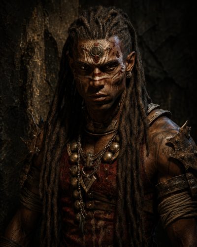 GRID THUMBNAIL — A fierce male barbarian with dreadlocks and bloodmarked face paint, spiked shoulder armour and heavy talismans, standing in a dim, firelit cave.