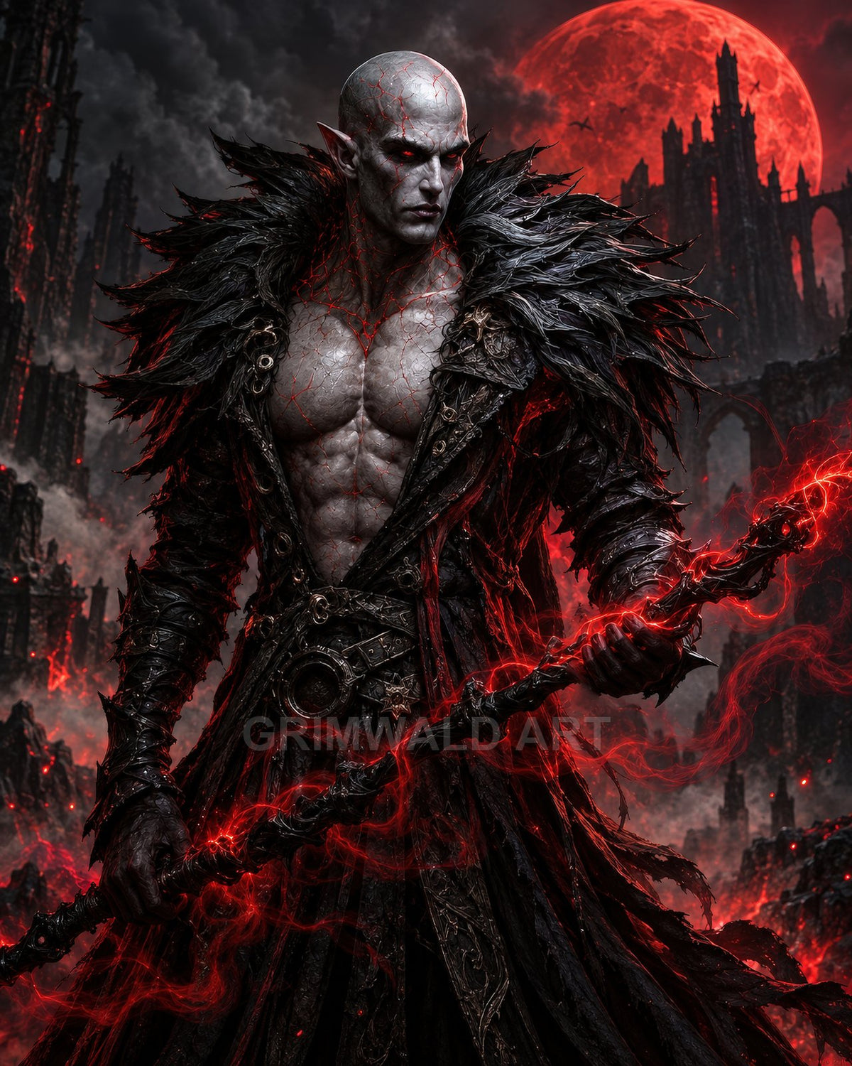 A muscular bald demon with pointed ears and red glowing eyes wields a crackling staff before a gothic castle under a blood-red moon.