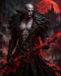 GRID THUMBNAIL — A muscular bald demon with pointed ears and red glowing eyes wields a crackling staff before a gothic castle under a blood-red moon.