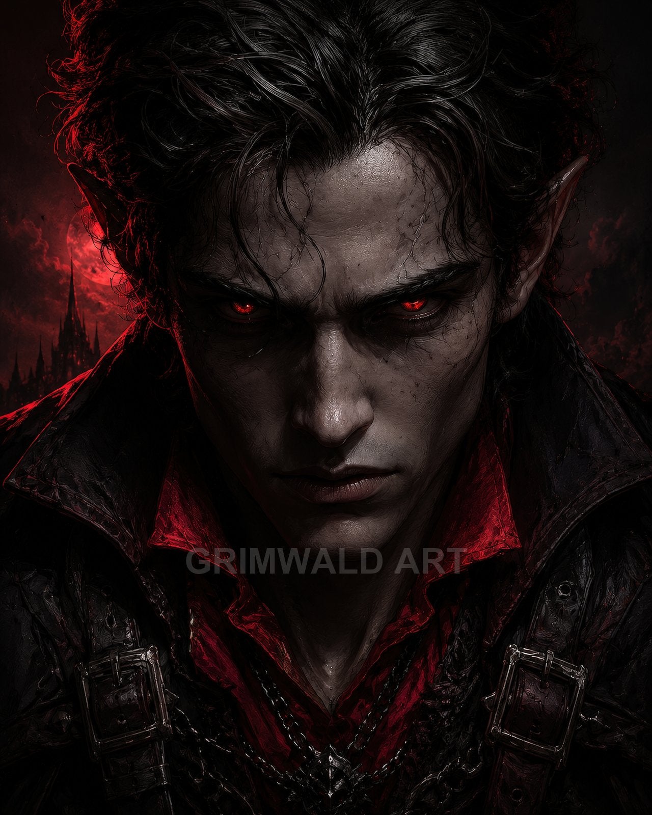 Close-up portrait of a male vampire with glowing red eyes, pointed ears and dark leather, a blood-red moon and gothic spires behind.