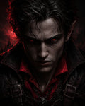 GRID THUMBNAIL — Close-up portrait of a male vampire with glowing red eyes, pointed ears and dark leather, a blood-red moon and gothic spires behind.