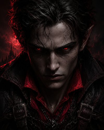 GRID THUMBNAIL — Close-up portrait of a male vampire with glowing red eyes, pointed ears and dark leather, a blood-red moon and gothic spires behind.
