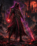 GRID THUMBNAIL — Hooded warlock in tattered crimson robes wields a glowing staff amid fiery ruins, with a blood-red moon above a towering gothic castle.