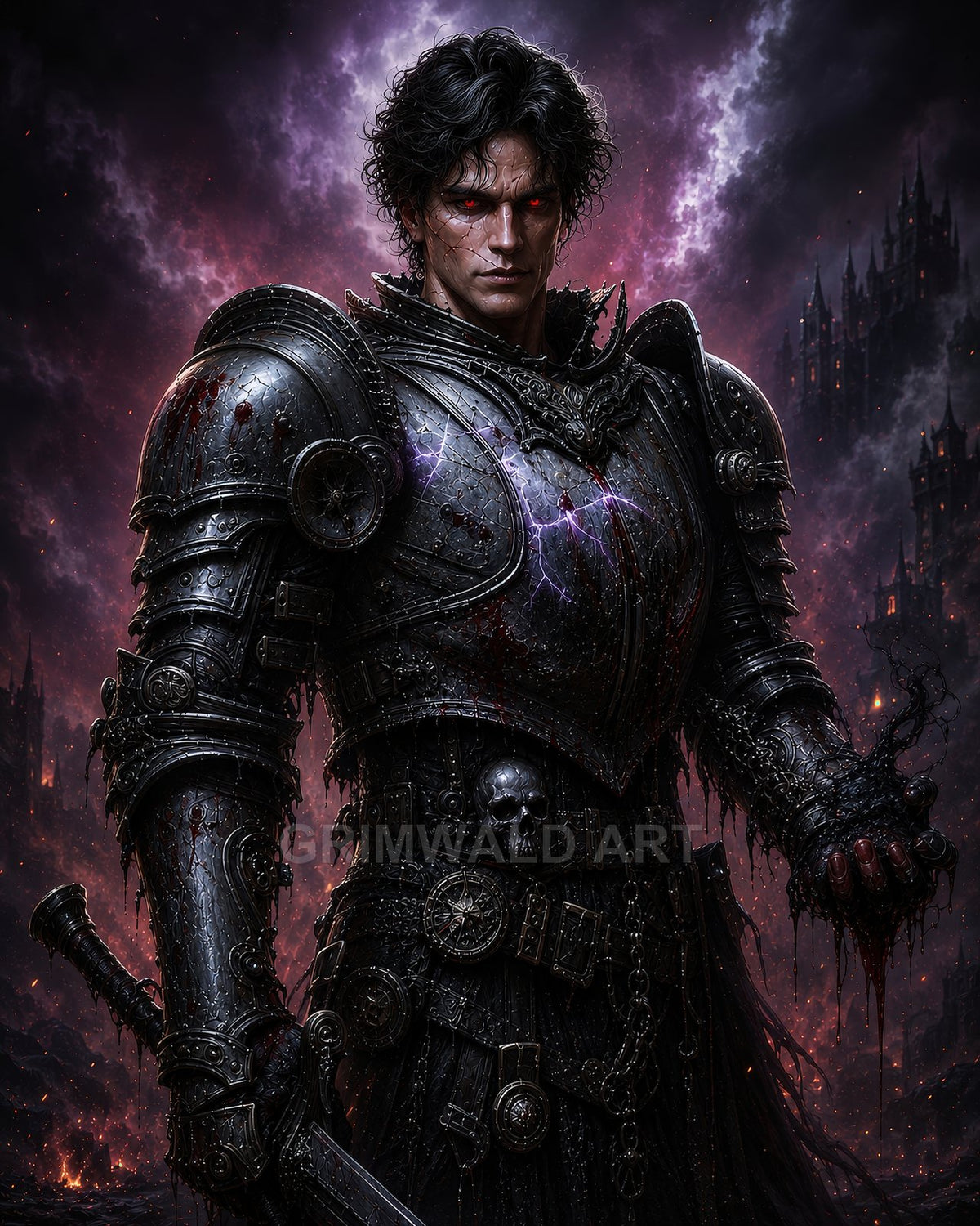 Armoured male knight with glowing red eyes stands before stormy purple skies and distant gothic castles, bloodstained blade in hand, dark magic seeping from gauntlet.