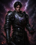 GRID THUMBNAIL — Armoured male knight with glowing red eyes stands before stormy purple skies and distant gothic castles, bloodstained blade in hand, dark magic seeping from gauntlet.