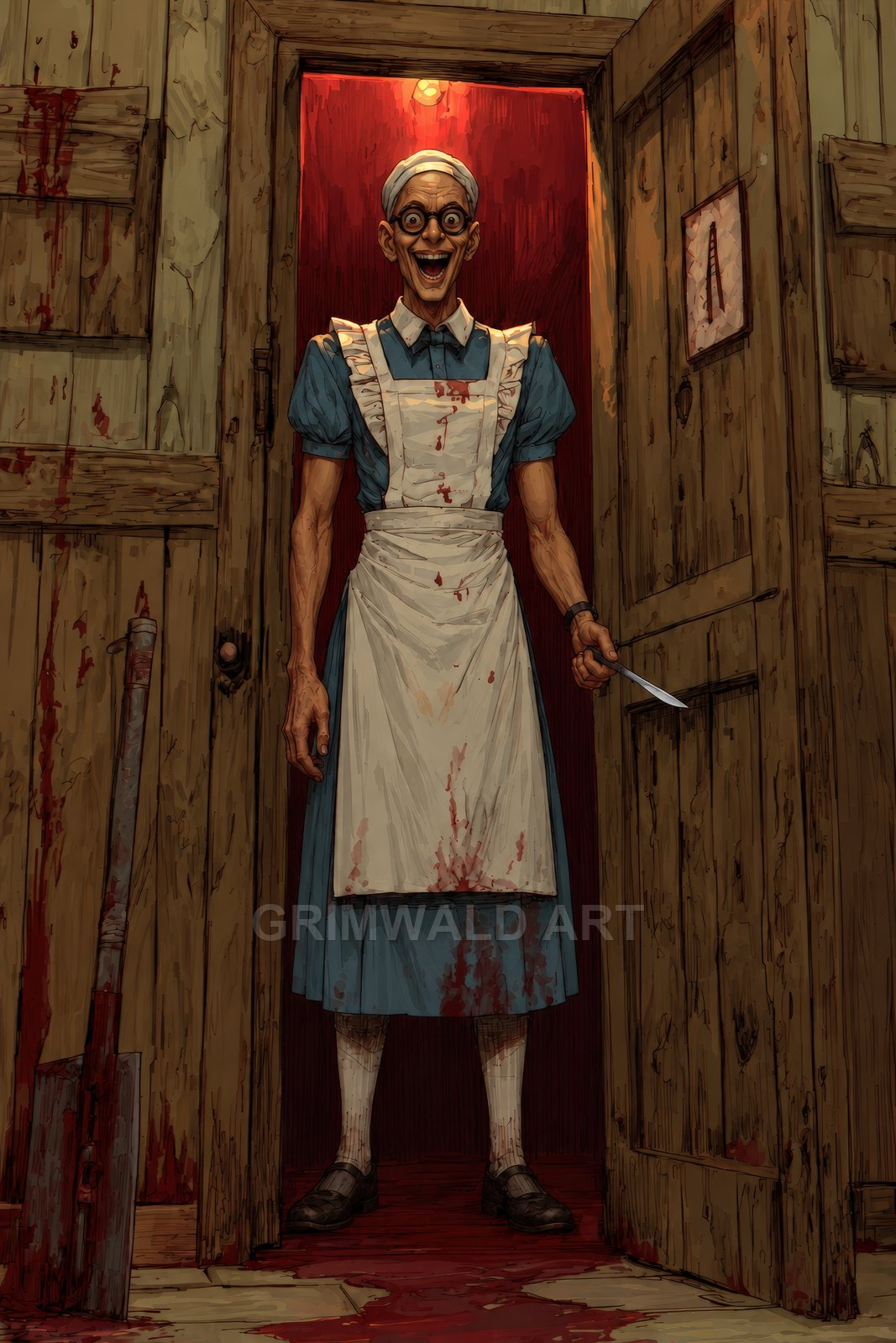 A grinning maid in a bloodstained apron stands in a wooden doorway under red light, clutching a small knife amid splattered walls and floor.