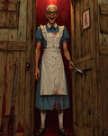 GRID THUMBNAIL — A grinning maid in a bloodstained apron stands in a wooden doorway under red light, clutching a small knife amid splattered walls and floor.