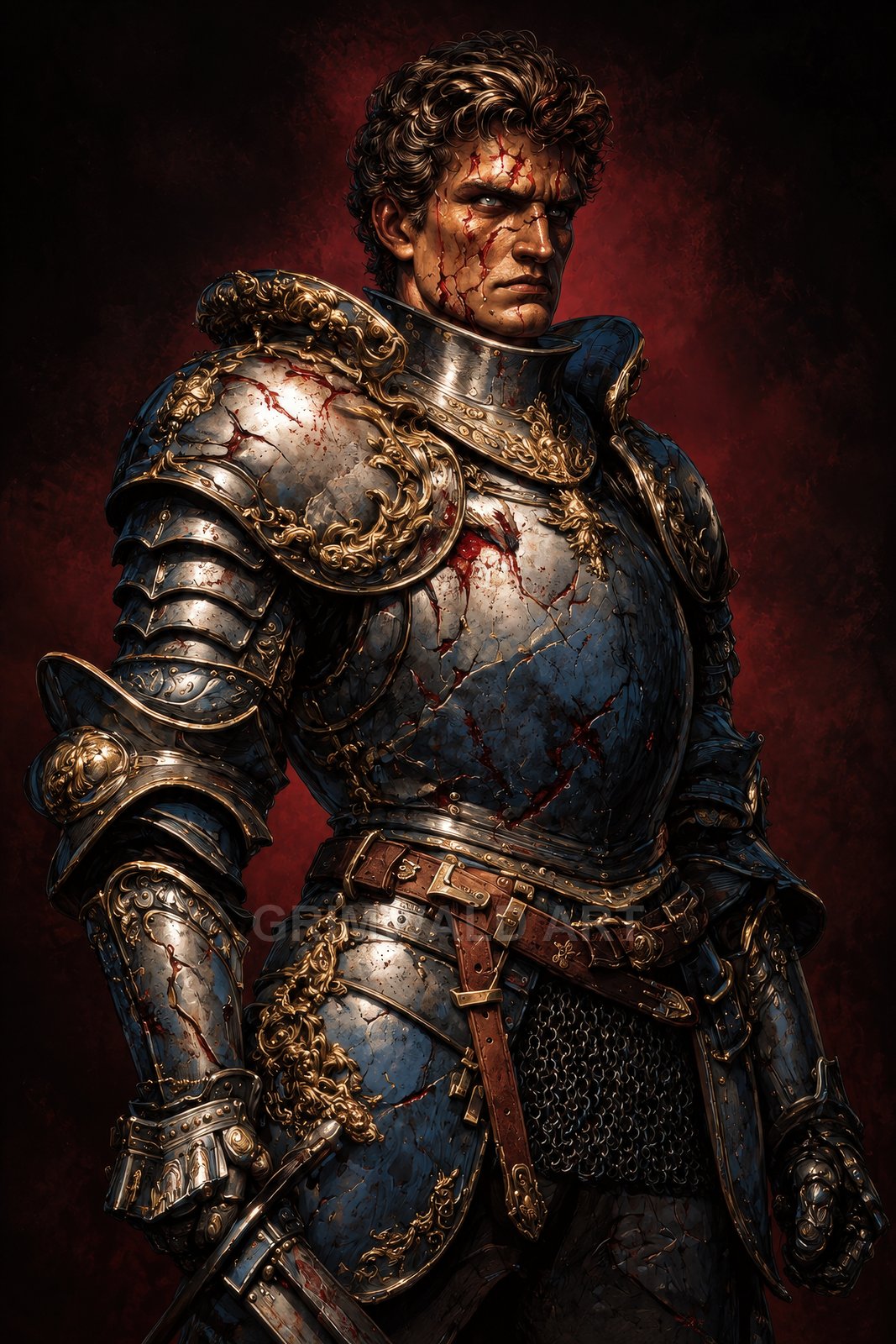 Battle-worn male knight in ornate blue and gold plate armour, blood-splattered, standing against a dark red backdrop with a sheathed sword.
