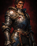 GRID THUMBNAIL — Battle-worn male knight in ornate blue and gold plate armour, blood-splattered, standing against a dark red backdrop with a sheathed sword.