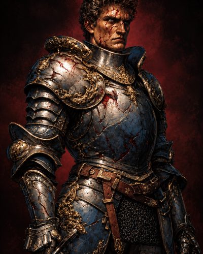GRID THUMBNAIL — Battle-worn male knight in ornate blue and gold plate armour, blood-splattered, standing against a dark red backdrop with a sheathed sword.
