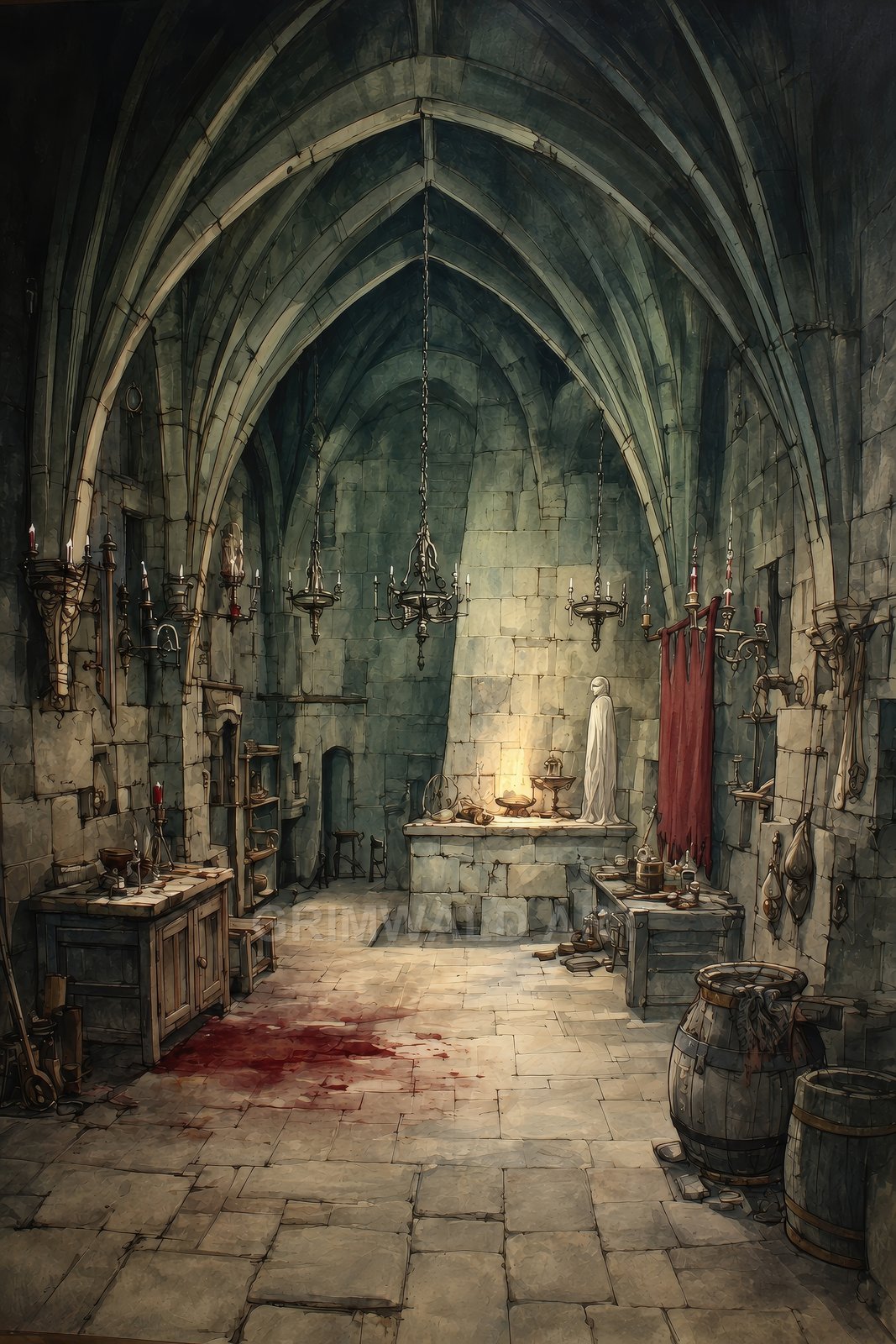 Gothic stone chamber with vaulted arches, candlelit chandeliers, a glowing ritual altar, shelves and barrels, red curtain, and a dark bloodstain on the floor.