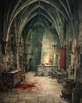 GRID THUMBNAIL — Gothic stone chamber with vaulted arches, candlelit chandeliers, a glowing ritual altar, shelves and barrels, red curtain, and a dark bloodstain on the floor.