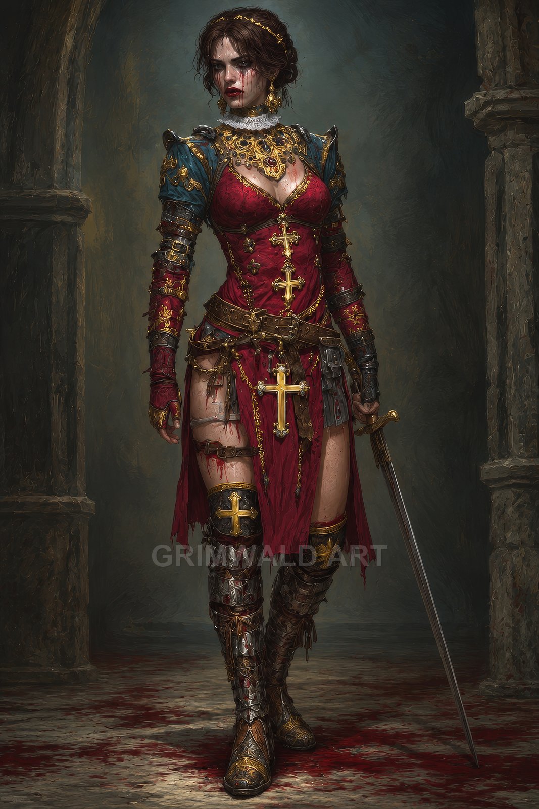 Armoured female paladin in a scarlet dress adorned with gold crosses stands under stone arches, bloodstained and gripping a sword in dim light.