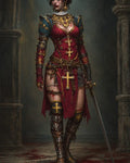 GRID THUMBNAIL — Armoured female paladin in a scarlet dress adorned with gold crosses stands under stone arches, bloodstained and gripping a sword in dim light.