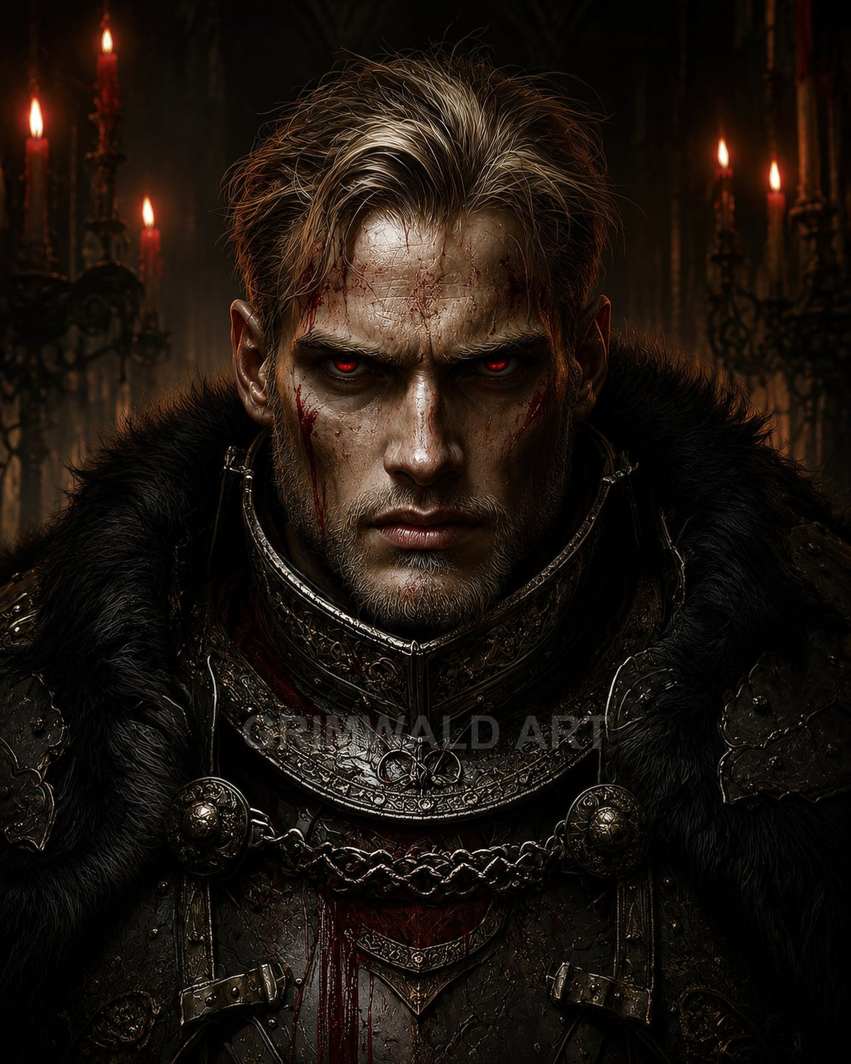 A blood-smeared vampire knight in ornate dark armour stares forward with glowing red eyes, framed by candlelit gothic candelabras within a shadowy cathedral.