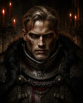 GRID THUMBNAIL — A blood-smeared vampire knight in ornate dark armour stares forward with glowing red eyes, framed by candlelit gothic candelabras within a shadowy cathedral.