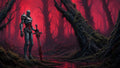 GRID THUMBNAIL — A dark-armoured warrior holding a red-bladed sword stands in a twisted, mossy forest and stagnant stream under a crimson, foggy sky.