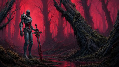 GRID THUMBNAIL — A dark-armoured warrior holding a red-bladed sword stands in a twisted, mossy forest and stagnant stream under a crimson, foggy sky.