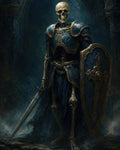 GRID THUMBNAIL — A skeletal knight in blue, gilded armour grips a longsword and shield, standing in shadowed ruins with mist and moonlit, gothic atmosphere.