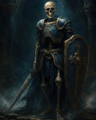 GRID THUMBNAIL — A skeletal knight in blue, gilded armour grips a longsword and shield, standing in shadowed ruins with mist and moonlit, gothic atmosphere.