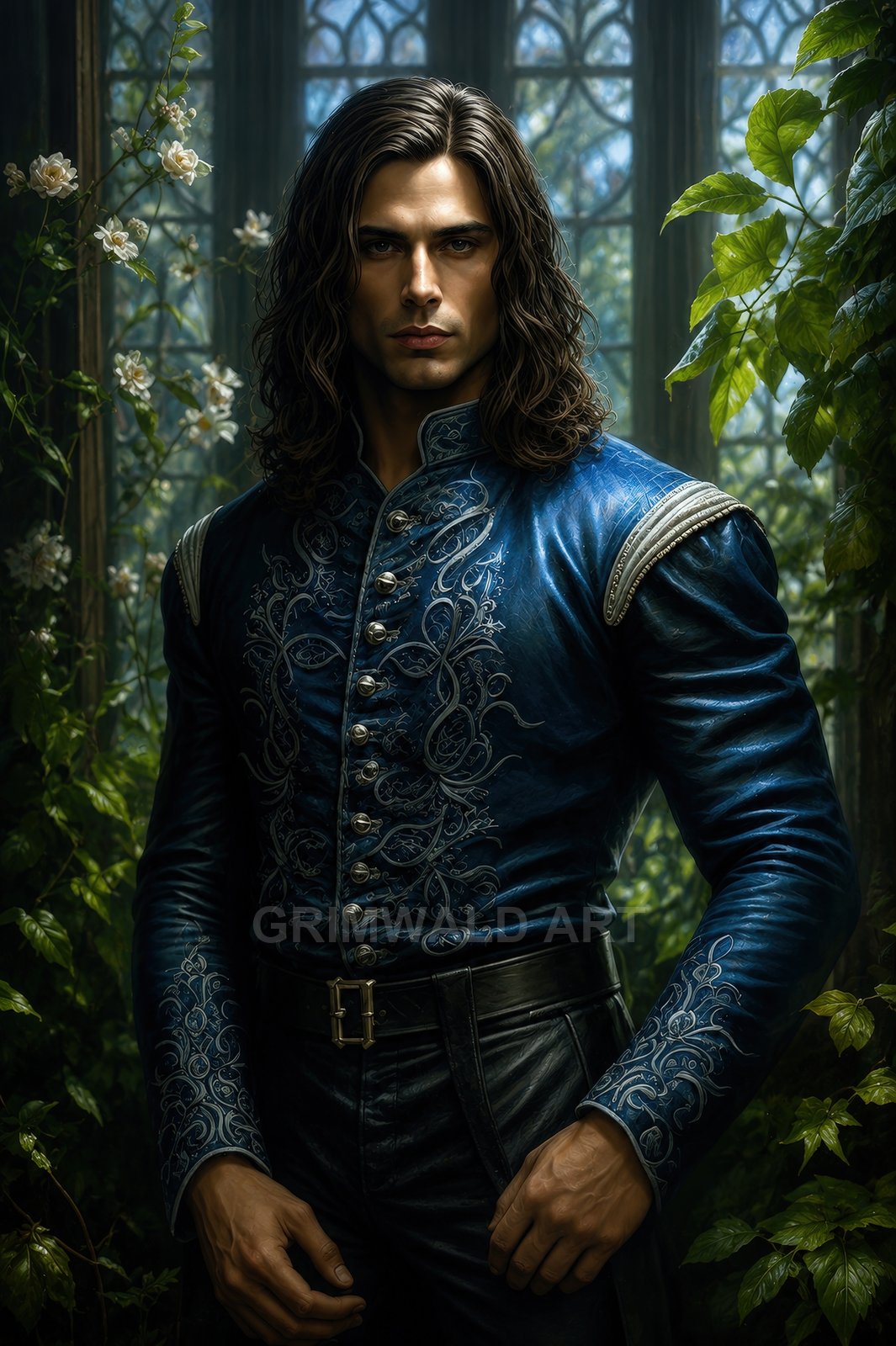 A long-haired man in an ornate blue brocade doublet stands before a gothic window framed by ivy and white blossoms, lit by soft daylight.