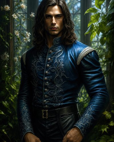 GRID THUMBNAIL — A long-haired man in an ornate blue brocade doublet stands before a gothic window framed by ivy and white blossoms, lit by soft daylight.