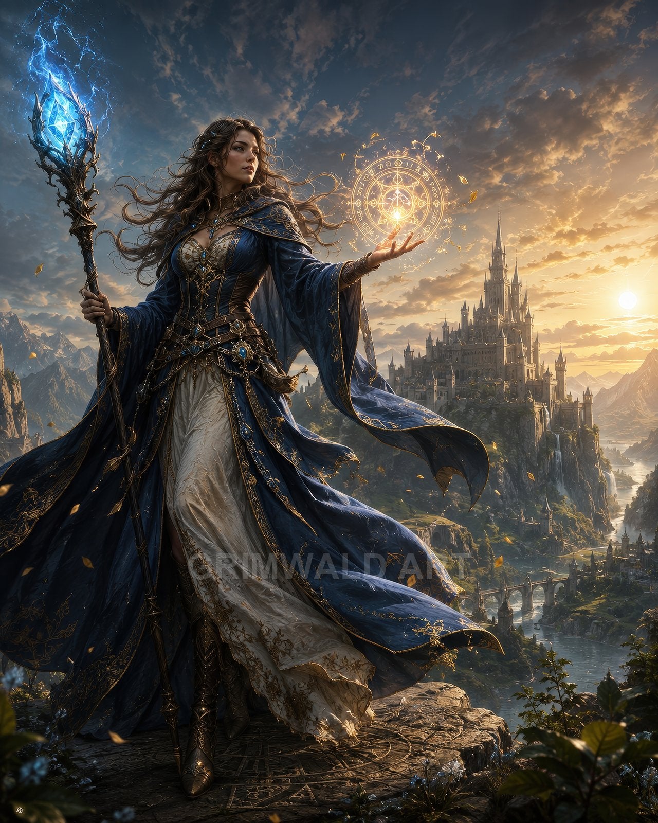 A female mage in blue, gold-trimmed robes conjures a glowing arcane sigil, holding a crystal staff above a riverside castle at golden hour.