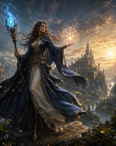 GRID THUMBNAIL — A female mage in blue, gold-trimmed robes conjures a glowing arcane sigil, holding a crystal staff above a riverside castle at golden hour.