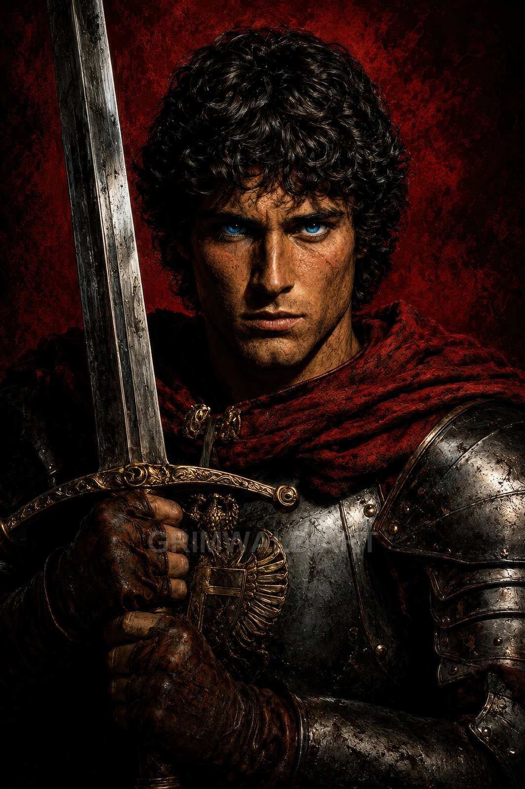 Armoured male knight with piercing blue eyes holds a longsword, wearing a crimson cloak against a textured dark red background, dramatic lighting.