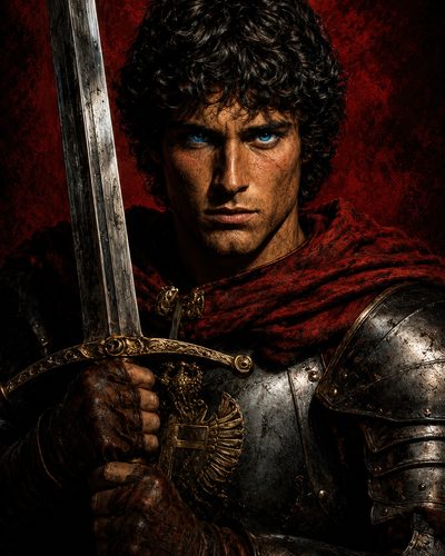 GRID THUMBNAIL — Armoured male knight with piercing blue eyes holds a longsword, wearing a crimson cloak against a textured dark red background, dramatic lighting.