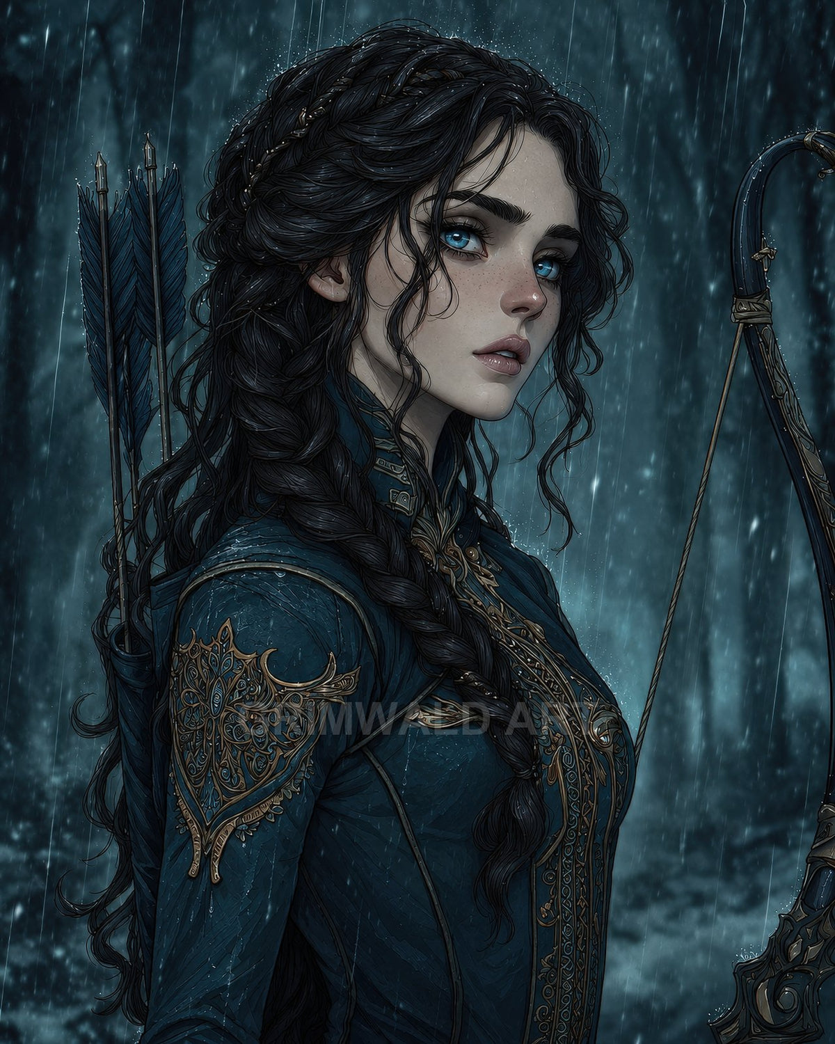 Blue-eyed female archer in ornate teal armour stands in a rainy forest, braided hair, quiver of dark arrows and elegant bow.