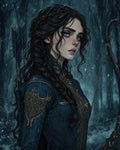GRID THUMBNAIL — Blue-eyed female archer in ornate teal armour stands in a rainy forest, braided hair, quiver of dark arrows and elegant bow.
