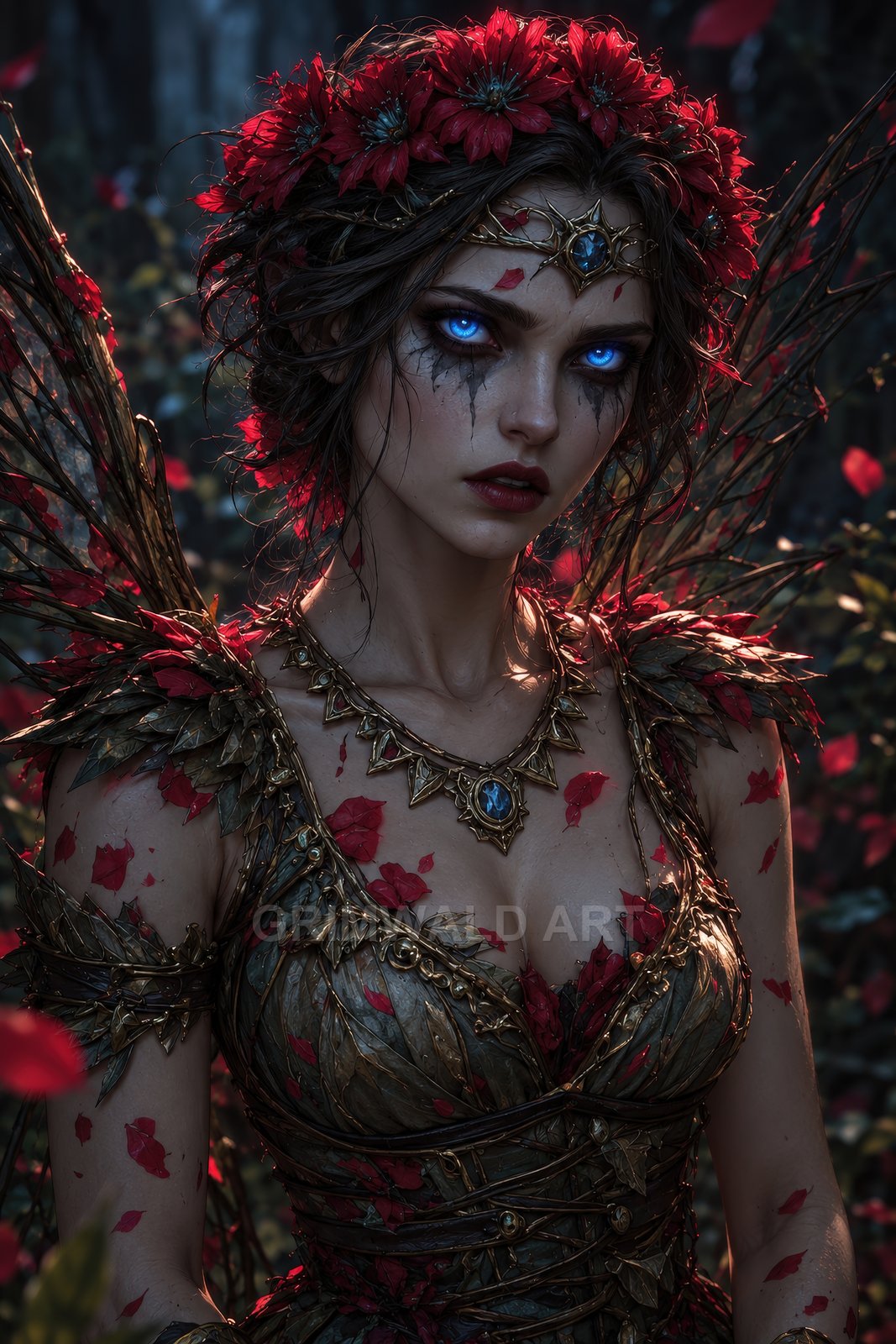 Blue-eyed fairy woman in leaf-and-gold armour and red flower crown, wings of twigs, standing in a shadowy forest with drifting crimson leaves.