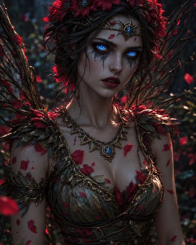 GRID THUMBNAIL — Blue-eyed fairy woman in leaf-and-gold armour and red flower crown, wings of twigs, standing in a shadowy forest with drifting crimson leaves.